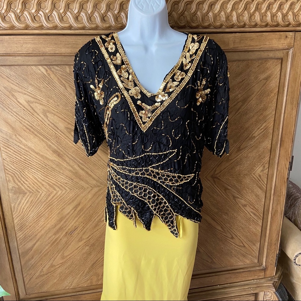 Not Branded Black Silk Gold Sequin Beaded Top